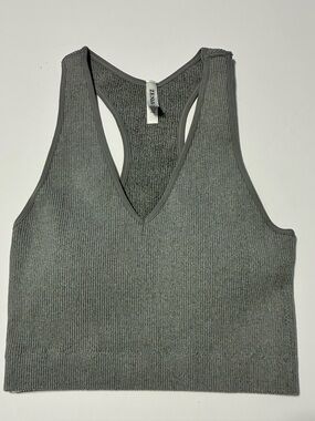 Zenana Gray Ribbed V-Neck Racerback Crop Tank Top L/XL